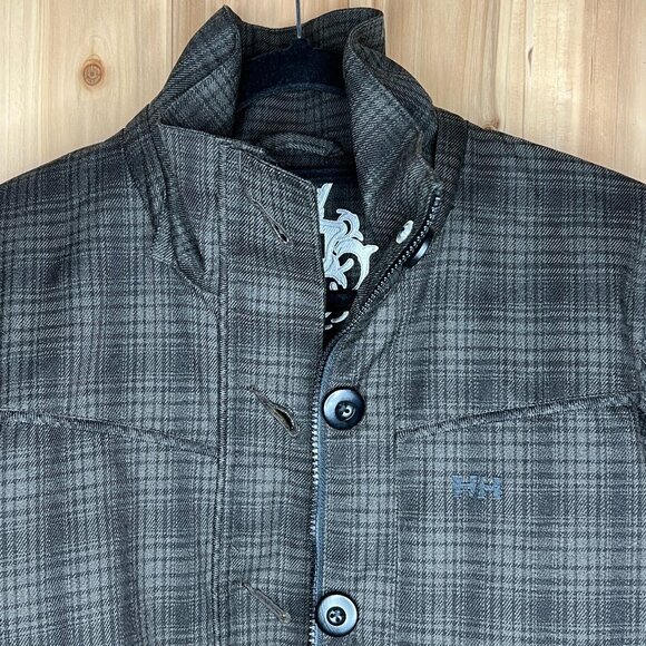 Helly Hansen Mens Plaid Jacket Medium Gray Insulated Padded Coat Gold Lining - Picture 2 of 12